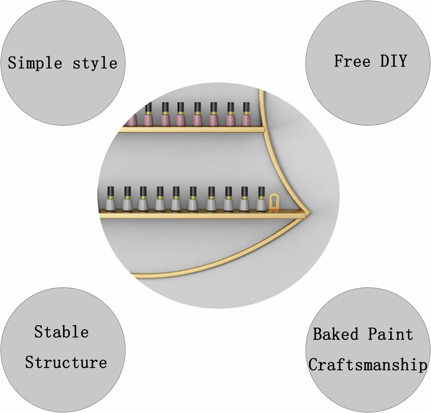 Metal Wall Mounted Nail Polish Storage Racks, Cosmetic Display Cases Lipstick Perfume Wall Shelf Essential Oil Organizers (Asymmetric Round),Gold