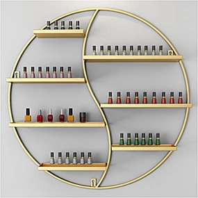 Metal Wall Mounted Nail Polish Storage Racks, Cosmetic Display Cases Lipstick Perfume Wall Shelf Essential Oil Organizers (Asymmetric Round),Gold