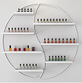 Metal Wall Mounted Nail Polish Storage Racks, Cosmetic Display Cases Lipstick Perfume Wall Shelf Essential Oil Organizers (Asymmetric Round),White