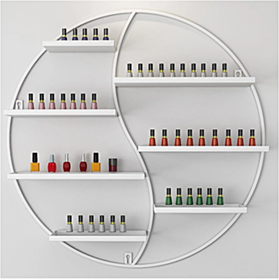 Metal Wall Mounted Nail Polish Storage Racks, Cosmetic Display Cases Lipstick Perfume Wall Shelf Essential Oil Organizers (Asymmetric Round),White