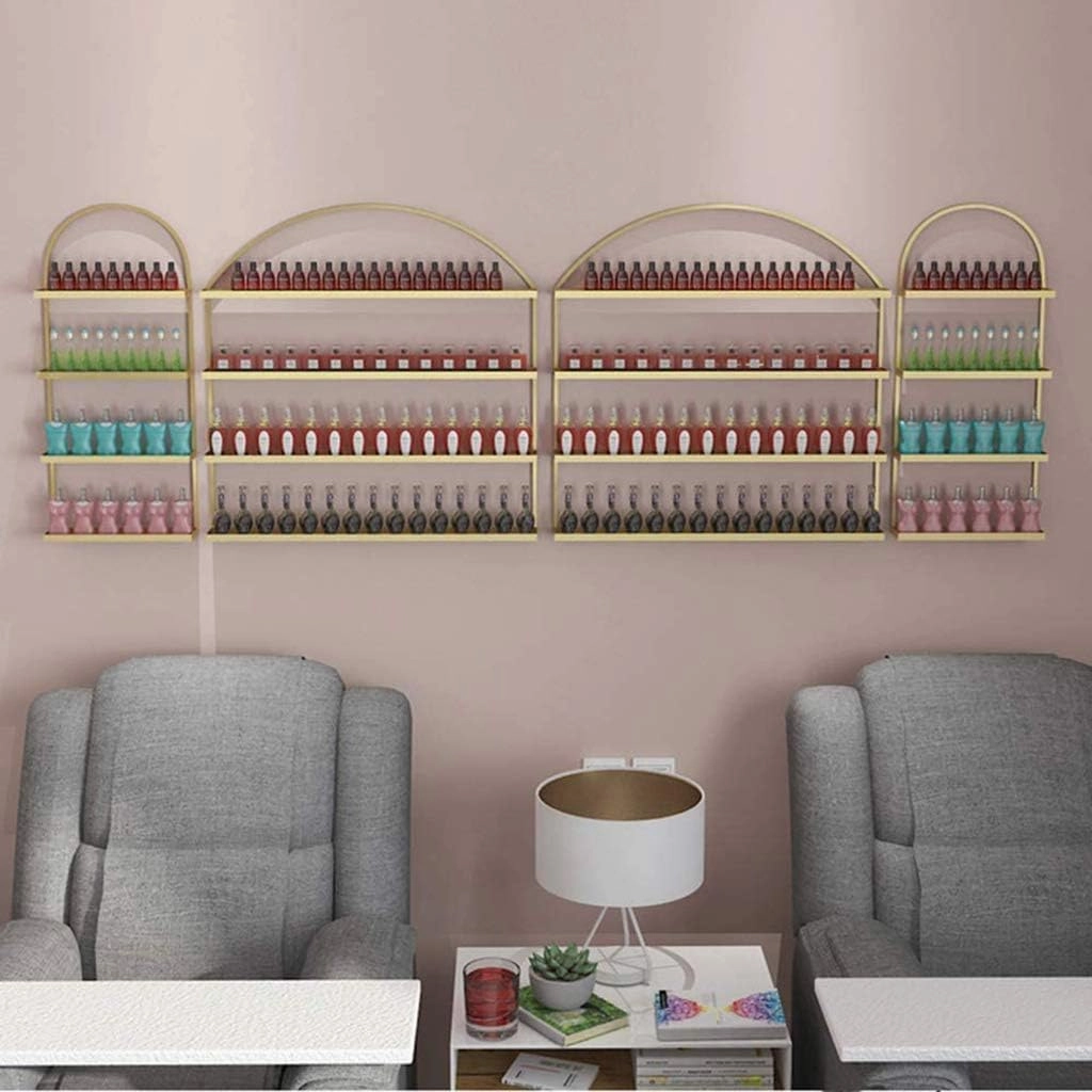 Metal Wall-mounted Nail Polish Storage Racks Wall-Mounted Metal Nail Polish Display Stand, Nail Salon Hanging Nail Polish Bottle Organizer Shelf, Essential Oil Lipstick and Perfume Display Rack/Gold/M