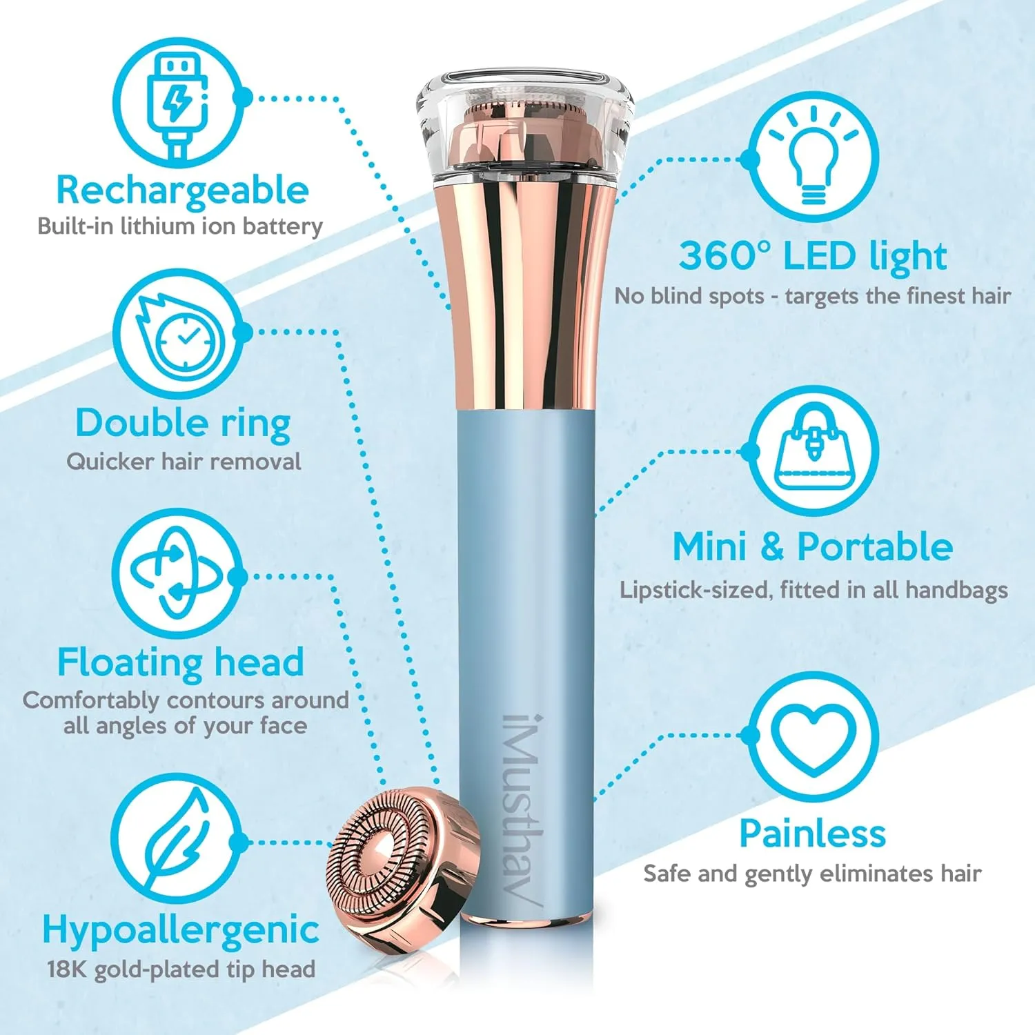 Mini Portable Facial Hair, Lips and Chin Remover Trimmer for Women, Facial Painless Epilator Pen, 18K gold-plated 13mm hypoallergenic rotary head. 360° LED light for Instant and Painless Hair Remover
