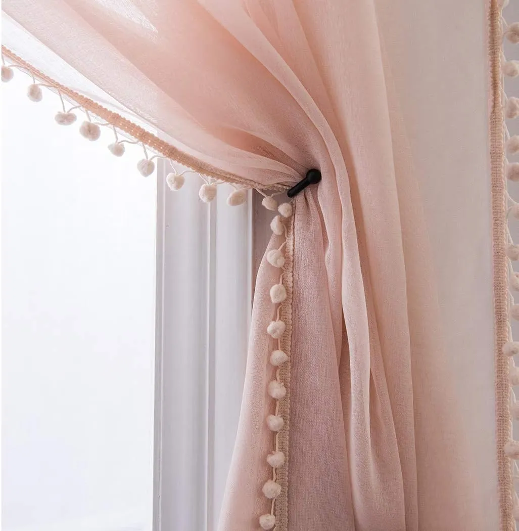 MISS SELECTEX Linen Look Pom Pom Tasseled Sheer Curtains for Living and Bedroom - Rod Pocket Voile Semi-Sheer, Set of 2 Curtain Panels (52 x 63 inch, Blush)