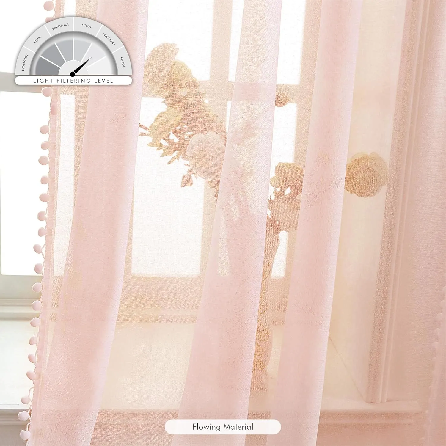 MISS SELECTEX Linen Look Pom Pom Tasseled Sheer Curtains for Living and Bedroom - Rod Pocket Voile Semi-Sheer, Set of 2 Curtain Panels (52 x 63 inch, Blush)