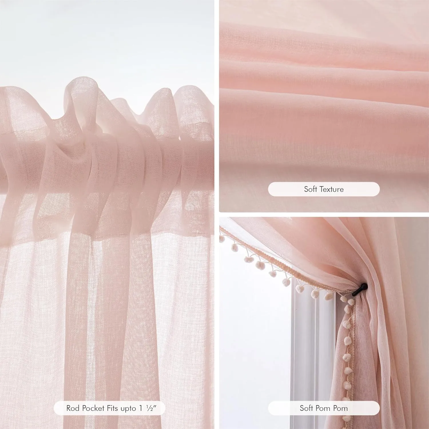 MISS SELECTEX Linen Look Pom Pom Tasseled Sheer Curtains for Living and Bedroom - Rod Pocket Voile Semi-Sheer, Set of 2 Curtain Panels (52 x 63 inch, Blush)