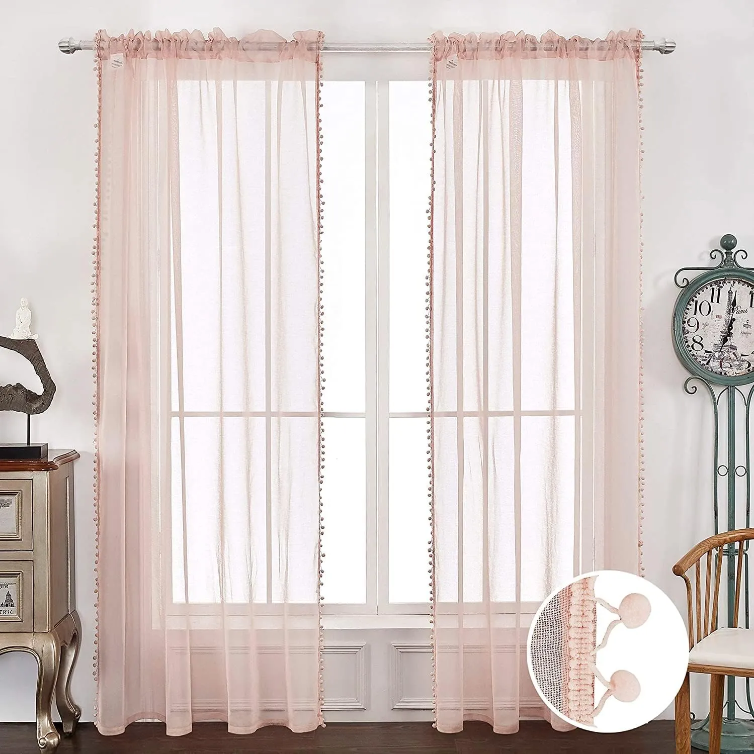 MISS SELECTEX Linen Look Pom Pom Tasseled Sheer Curtains for Living and Bedroom - Rod Pocket Voile Semi-Sheer, Set of 2 Curtain Panels (52 x 63 inch, Blush)
