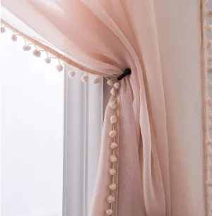 MISS SELECTEX Linen Look Pom Pom Tasseled Sheer Curtains for Living and Bedroom - Rod Pocket Voile Semi-Sheer, Set of 2 Curtain Panels (52 x 63 inch, Blush)