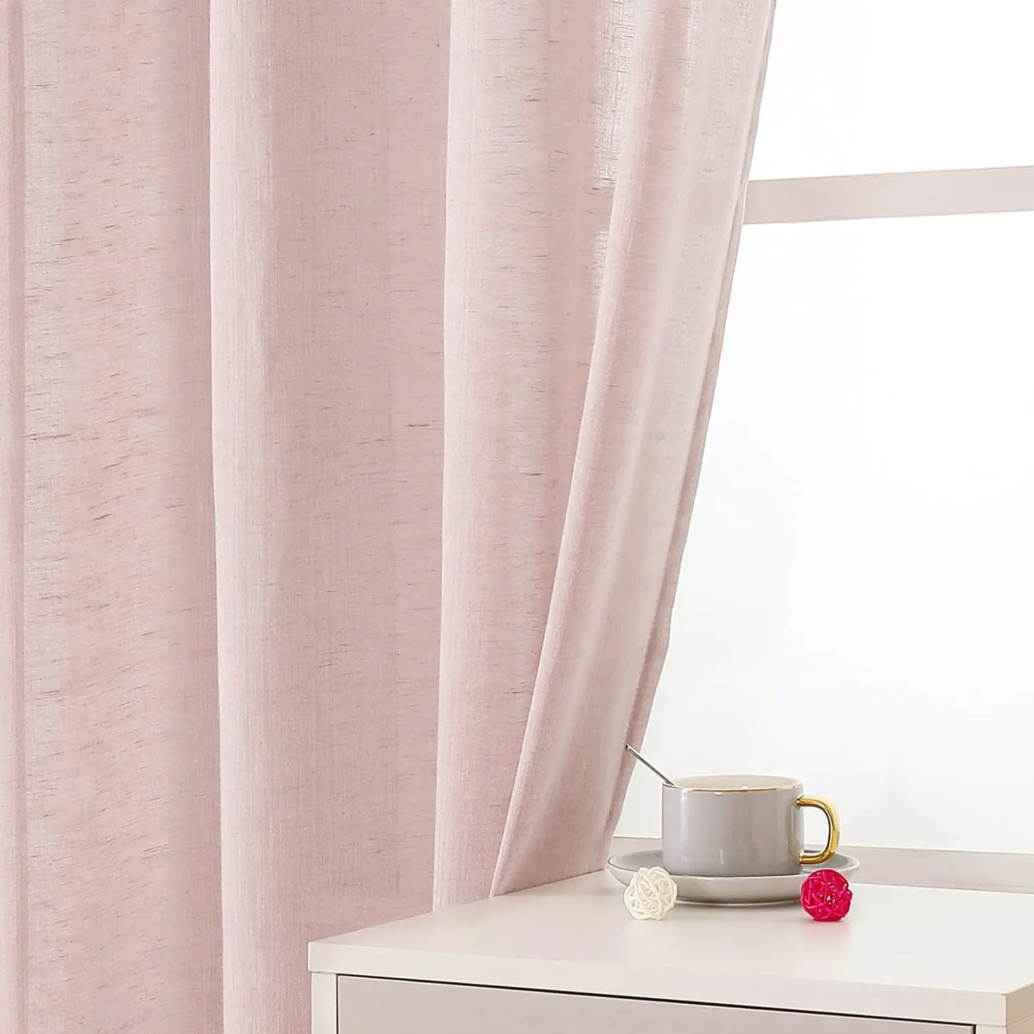 Miss SELETEX Blush Pink Natural Linen Sheer Curtains for Living Room Elegant Solid Window Drapes Grommet Light Filtering Girl Curtains Window Voile Linen Textured Panels for Bedroom 2 Panels 52Wx63L