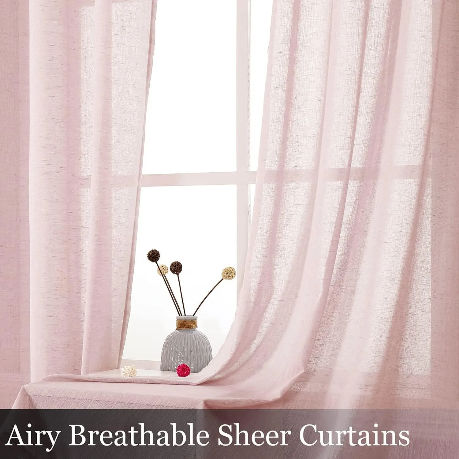 Miss SELETEX Blush Pink Natural Linen Sheer Curtains for Living Room Elegant Solid Window Drapes Grommet Light Filtering Girl Curtains Window Voile Linen Textured Panels for Bedroom 2 Panels 52Wx63L