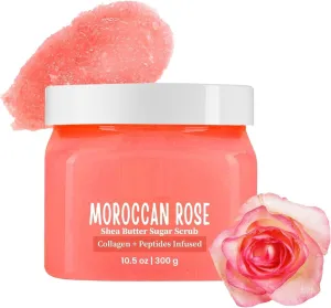 Morocca.n Rose Shea Butter Sugar Body Scrub | 300gm | With Collagen & Peptides | Tan Removal | Lightens Dark Area - Neck & Elbows | Smoothen Bumpy Legs & Hands | Hydrating & Exfoliating Scrub