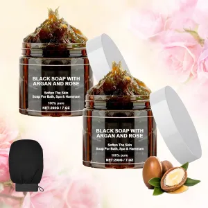 Morocco Black Soap With Argan And Rose, Moroccan BlackSoap Hammam, Natural Body Scrub with Glove (2)