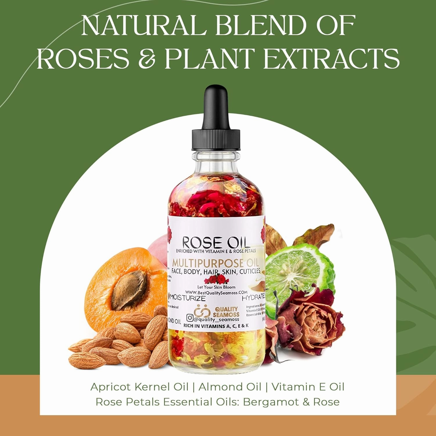 Multipurpose Rose Oil with Vitamin E, Apricot, Sweet Almond and Bergamot Essential Oils - Moisturizing for Hair, Body, Face, Dry Skin, Scalp & Nails, 2 oz - For Age Spots