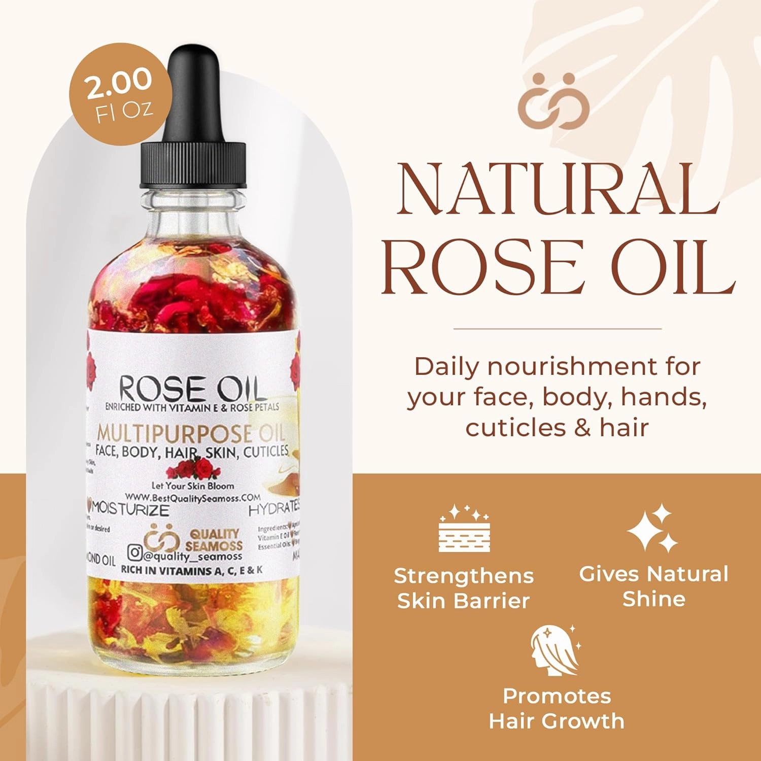 Multipurpose Rose Oil with Vitamin E, Apricot, Sweet Almond and Bergamot Essential Oils - Moisturizing for Hair, Body, Face, Dry Skin, Scalp & Nails, 2 oz - For Age Spots