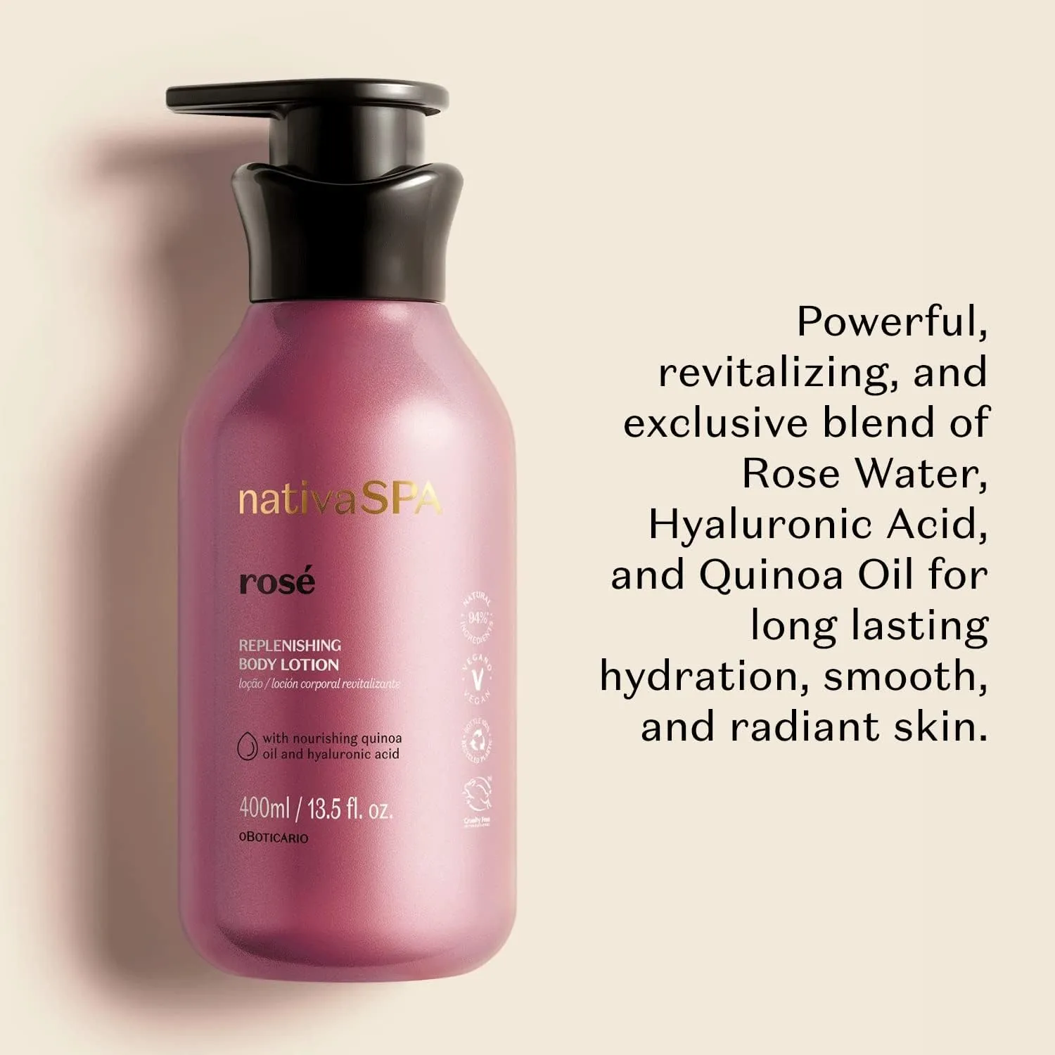Nativa SPA Rosé Body Lotion by O Boticario, Fragranced Skin Moisturizer with Purified Quinoa Extract, 13.5 Ounce