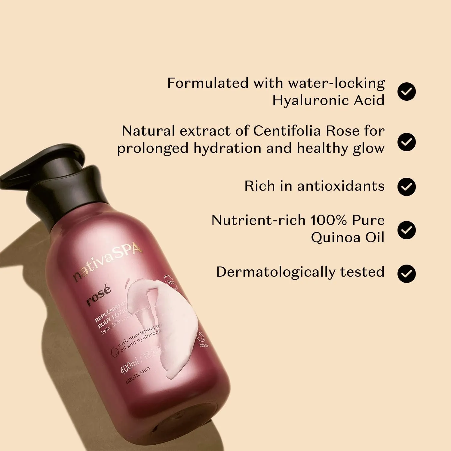 Nativa SPA Rosé Body Lotion by O Boticario, Fragranced Skin Moisturizer with Purified Quinoa Extract, 13.5 Ounce