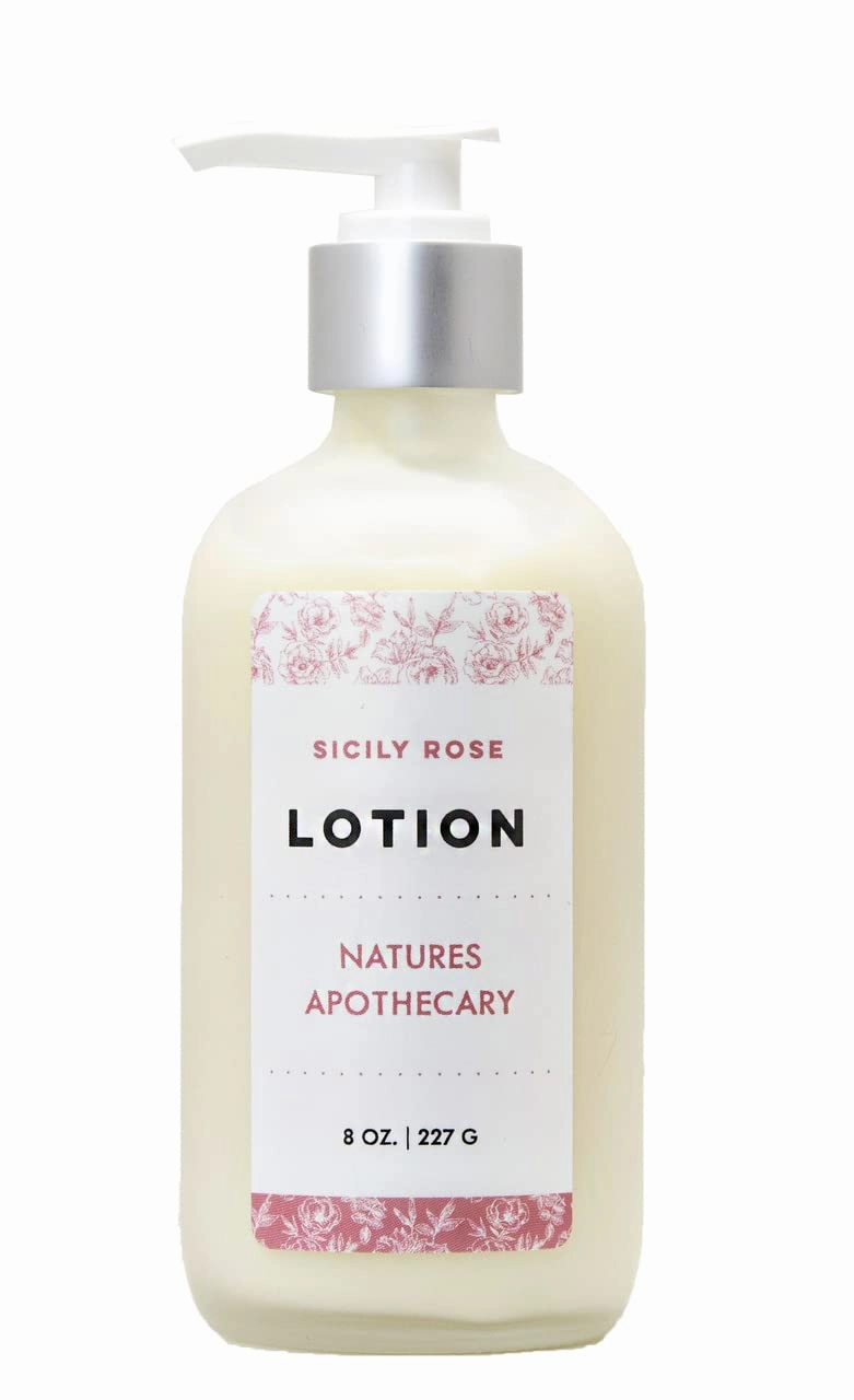 NATURE'S APOTHECARY Sicily Rose Lotion For Dry Skin | Silky, Nourished, Hydrated Skin | Hypoallergenic, All-Natural, Plant-Derived, Made in USA (Reusable Frosted Glass Bottle)