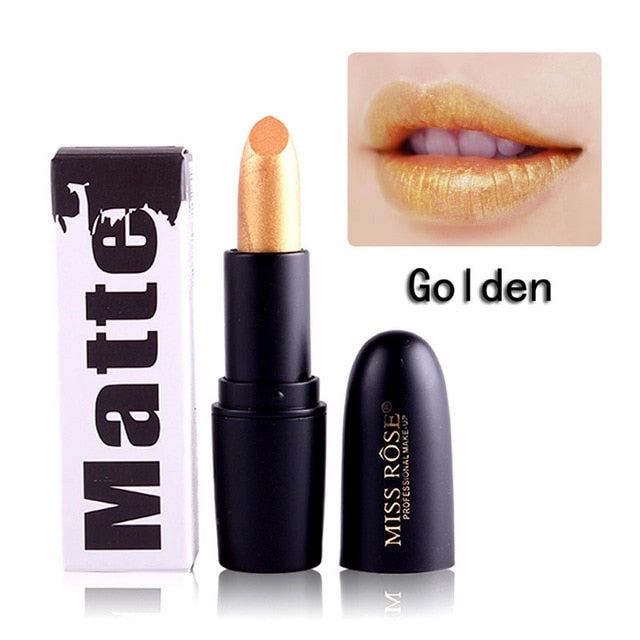 New Fashion Matte Lips Stick Color Cosmetics Long Lasting Pigment Miss Rose Brand Waterproof Shimmer Gold Black Lipstick Makeup