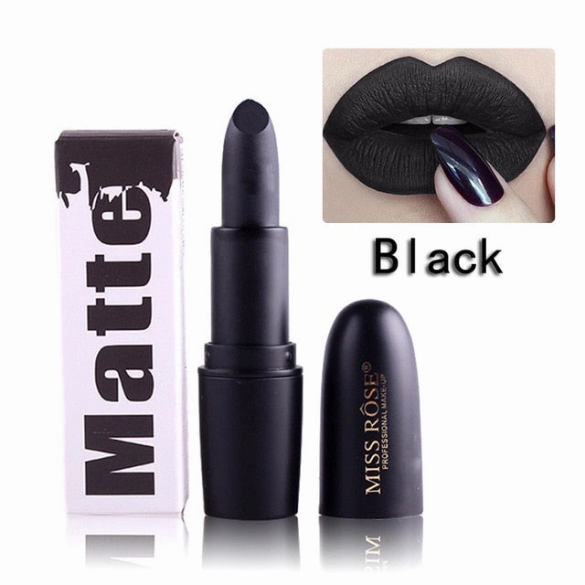 New Fashion Matte Lips Stick Color Cosmetics Long Lasting Pigment Miss Rose Brand Waterproof Shimmer Gold Black Lipstick Makeup