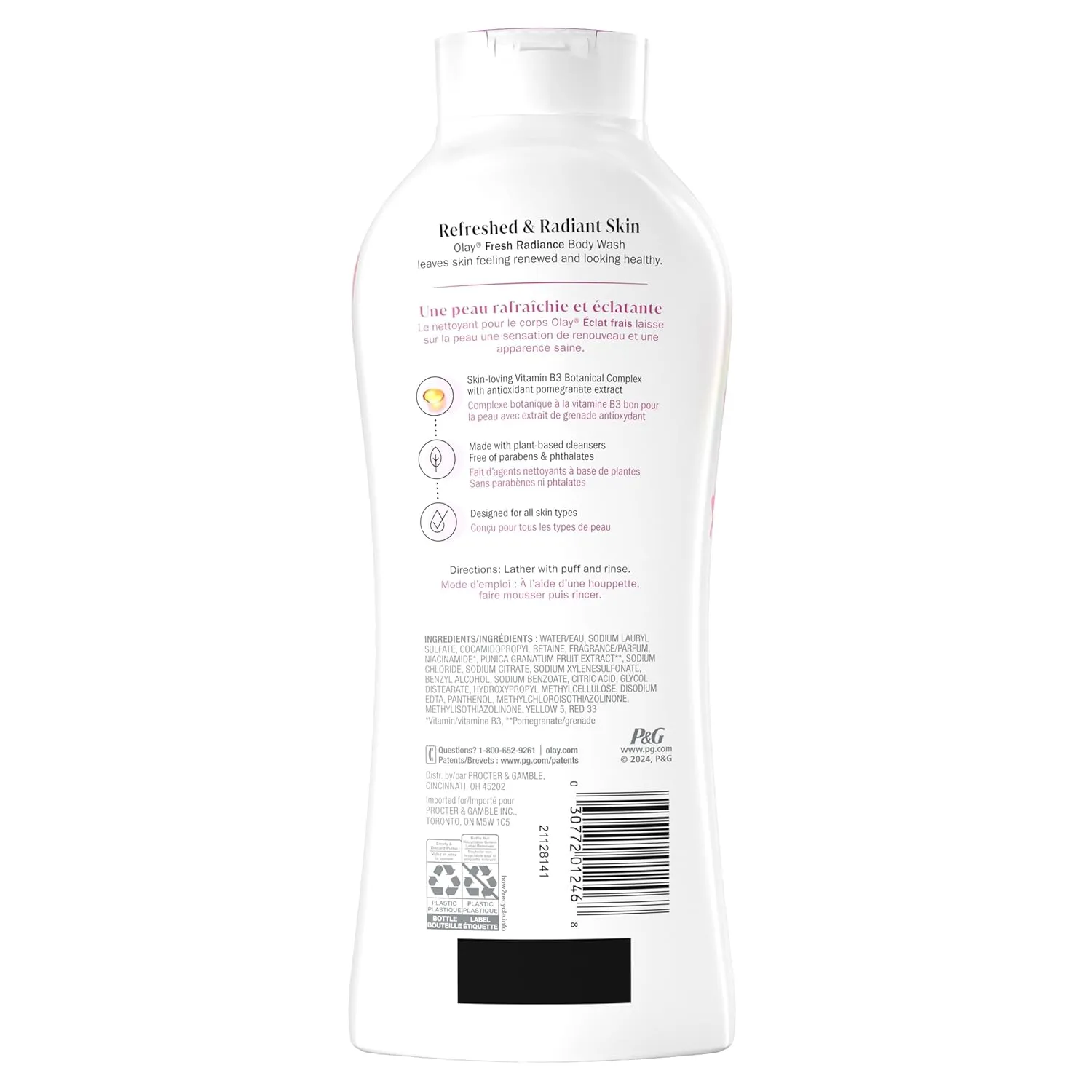 Olay Body Wash for Women, Fresh Radiance, Refreshing & Renewing, Made with Plant Based Cleansers, B3 Botanical Complex, For All Skin Types, Peach & Cherry Blossom Scent, 22 fl oz (Pack of 4)