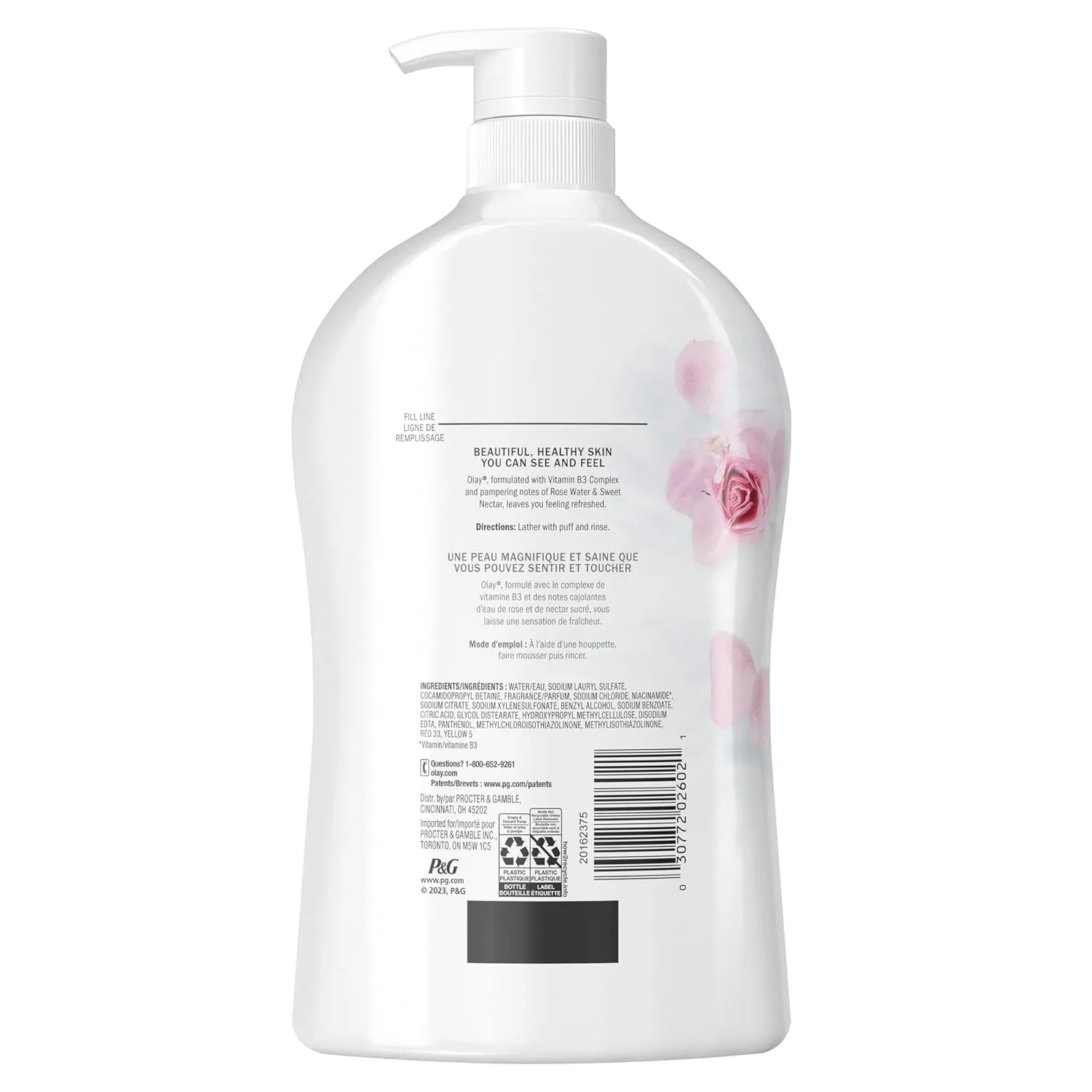 Olay Body Wash for Women, Fresh Radiance, Refreshing & Renewing, Made with Plant Based Cleansers, B3 Botanical Complex, For All Skin Types, Rose Water & Sweet Nectar Scent, 33 fl oz (Pack of 4)