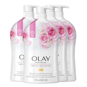 Olay Body Wash for Women, Fresh Radiance, Refreshing & Renewing, Made with Plant Based Cleansers, B3 Botanical Complex, For All Skin Types, Rose Water & Sweet Nectar Scent, 33 fl oz (Pack of 4)