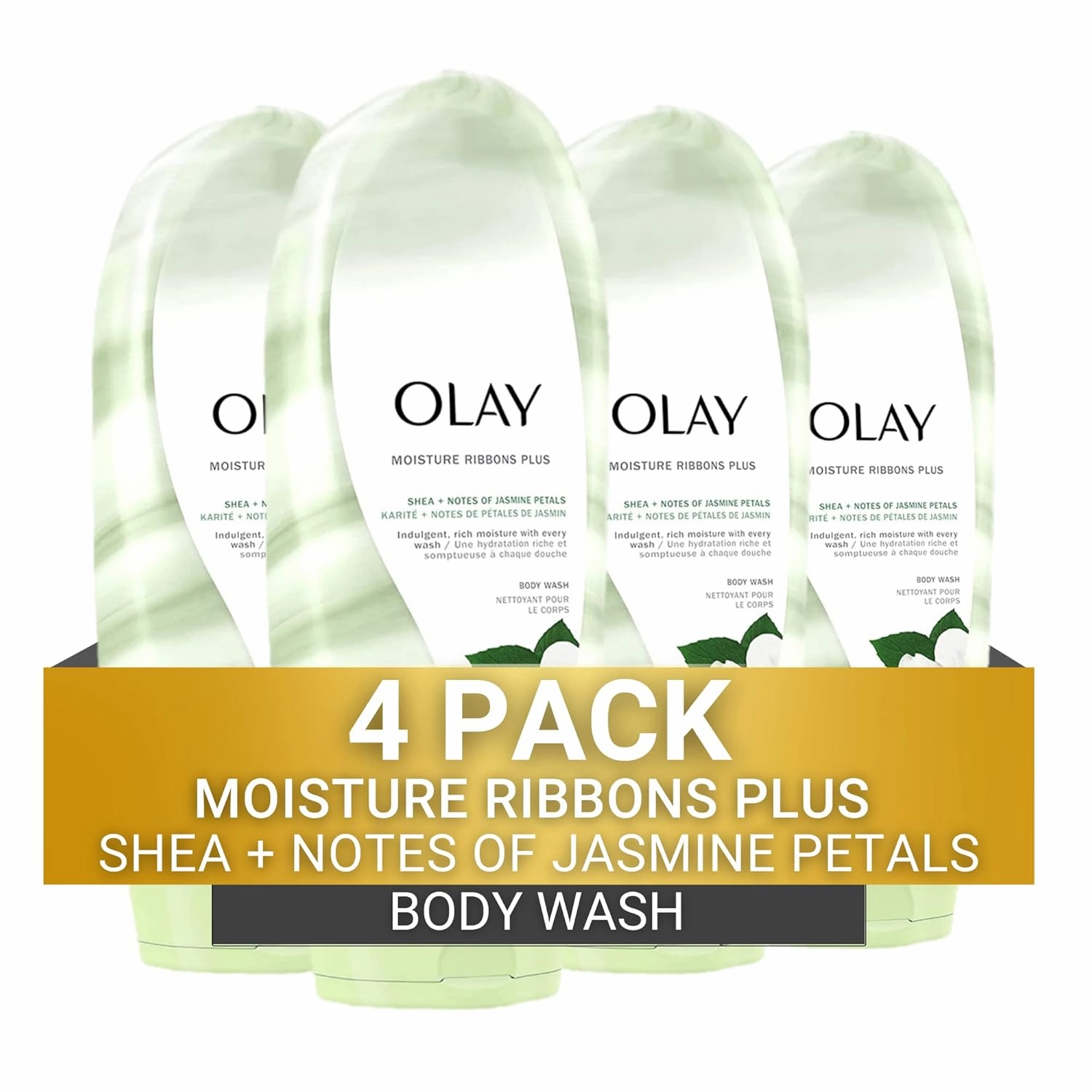 Olay Moisture Ribbons Body Wash with Shea and Notes of Jasmine Petals, 18 fl oz, (Pack of 4)
