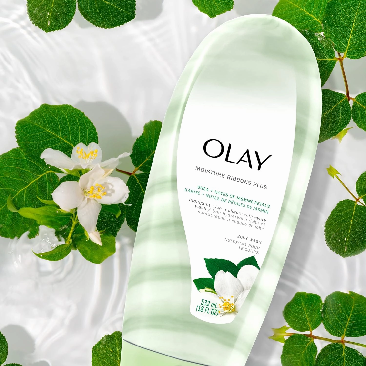 Olay Moisture Ribbons Body Wash with Shea and Notes of Jasmine Petals, 18 fl oz, (Pack of 4)