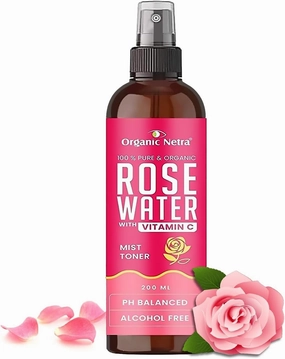 Orga;nic Netra Rose Water with Vitamin C | Exfoliates The Skin and Controls Oil | Excellent for Clearing Away Makeup & Dirt from Pores| Mist Spray for All Skin Type | Paraben and Alcohol Free -200ml