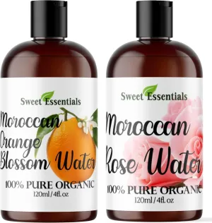 Organic Moroccan Rose & Orange Blossom Water 2-Pack, 4oz, Imported from Morocco, 100% Pure (Food Grade) No Oils or Alcohol, Rich in Vitamin A & C. Perfect for Reviving, Hydrating & Rejuvenating