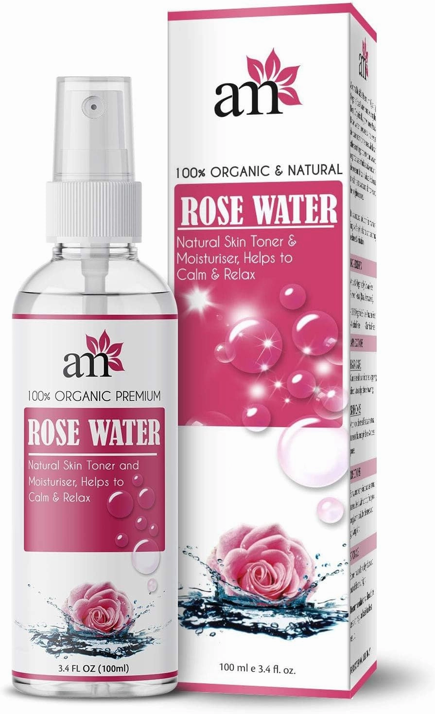 Organic & Natural Premium Rose Water/Skin Toner (Gulab Jal) for Face & Skin, 100ml (Steam Distilled, No Alcohol, Chemical & Paraben Free)