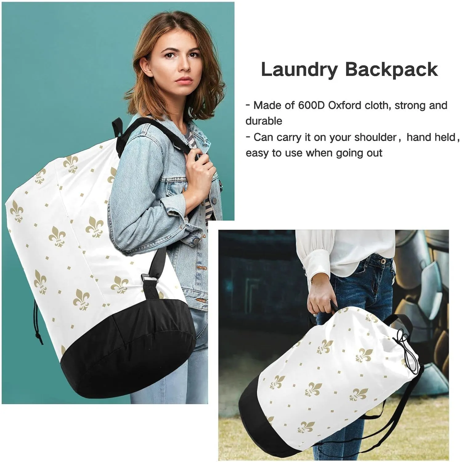 Oyihfvs Gold Royal Lilies Seamless Fleur De Lis Floral Style on White Backpack Laundry Bag, Laundry Backpack with Shoulder Straps, Waterproof Nylon Clothes Hamper Bag for Men Women Yoga Backpack