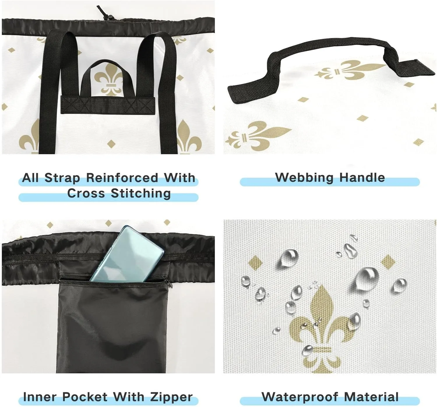 Oyihfvs Gold Royal Lilies Seamless Fleur De Lis Floral Style on White Backpack Laundry Bag, Laundry Backpack with Shoulder Straps, Waterproof Nylon Clothes Hamper Bag for Men Women Yoga Backpack