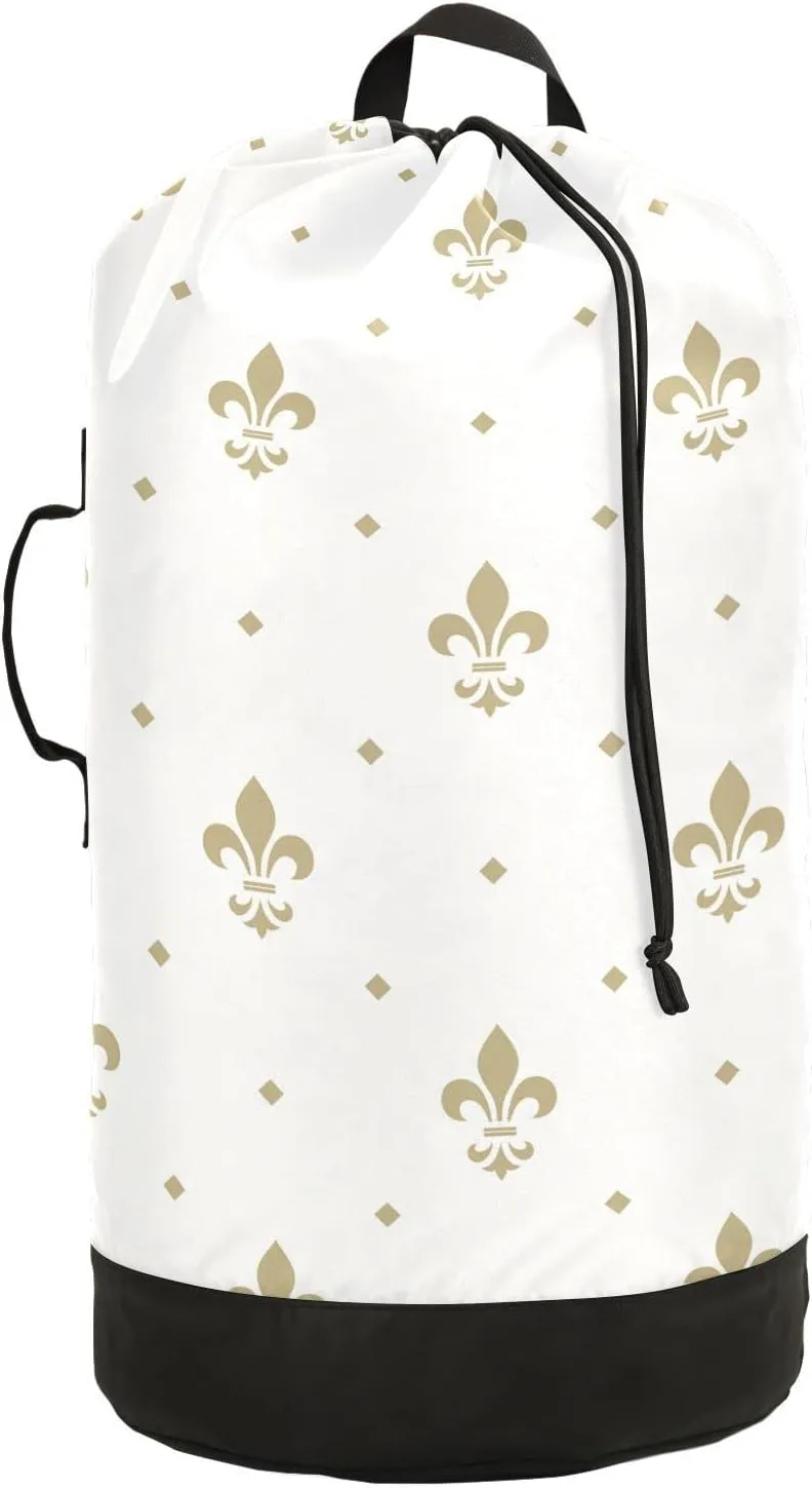 Oyihfvs Gold Royal Lilies Seamless Fleur De Lis Floral Style on White Backpack Laundry Bag, Laundry Backpack with Shoulder Straps, Waterproof Nylon Clothes Hamper Bag for Men Women Yoga Backpack