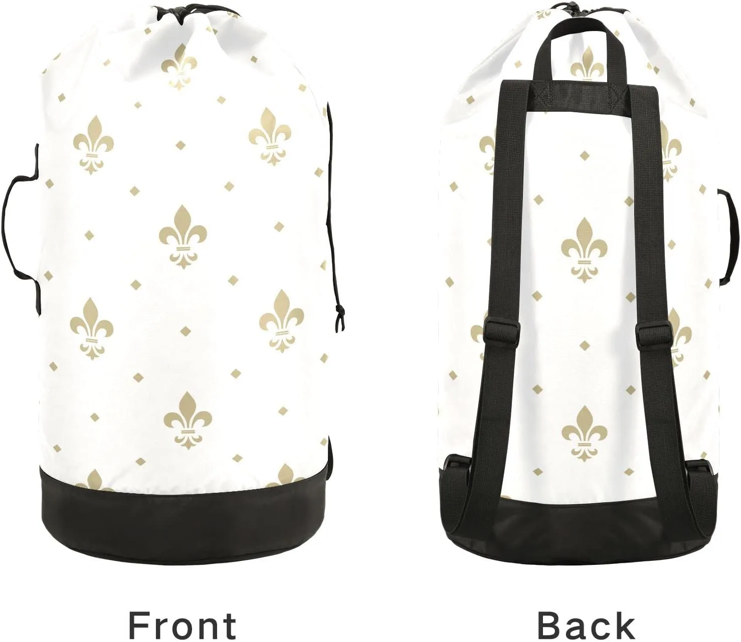 Oyihfvs Gold Royal Lilies Seamless Fleur De Lis Floral Style on White Backpack Laundry Bag, Laundry Backpack with Shoulder Straps, Waterproof Nylon Clothes Hamper Bag for Men Women Yoga Backpack