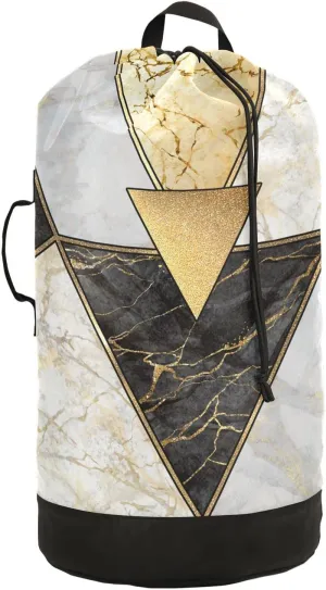 Oyihfvs Modern Marbling Gold Black White Marble Geometric Triangle Granite Backpack Laundry Bag, Laundry Backpack with Shoulder Straps, Waterproof Nylon Clothes Hamper Bag for Men Women Yoga Backpack