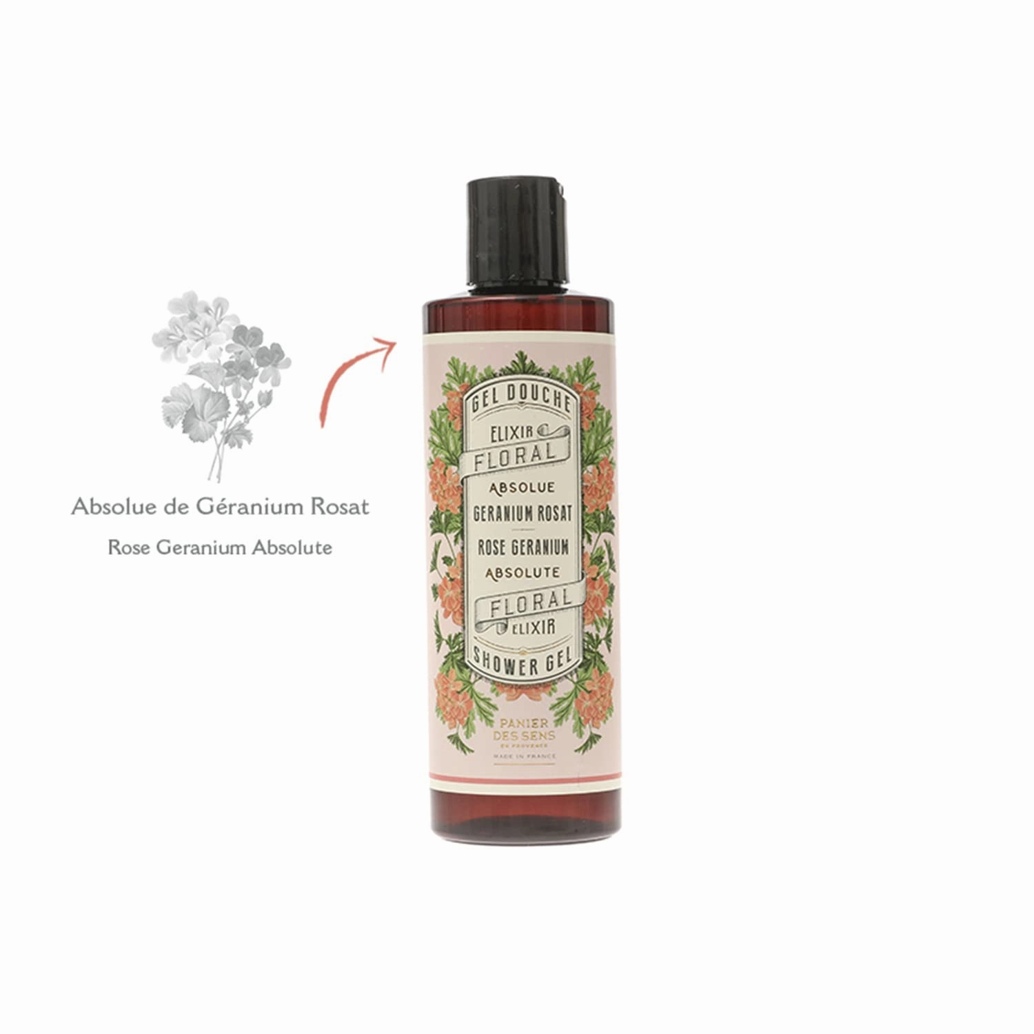 Panier des Sens - Rose Geranium Shower Gel - Foaming Body Wash Women & Men - Moisturizing Body Soap with Glycerin, Olive Oil - 95% Natural Ingredients Body Care - Vegan Liquid Body Wash - 8,45 floz