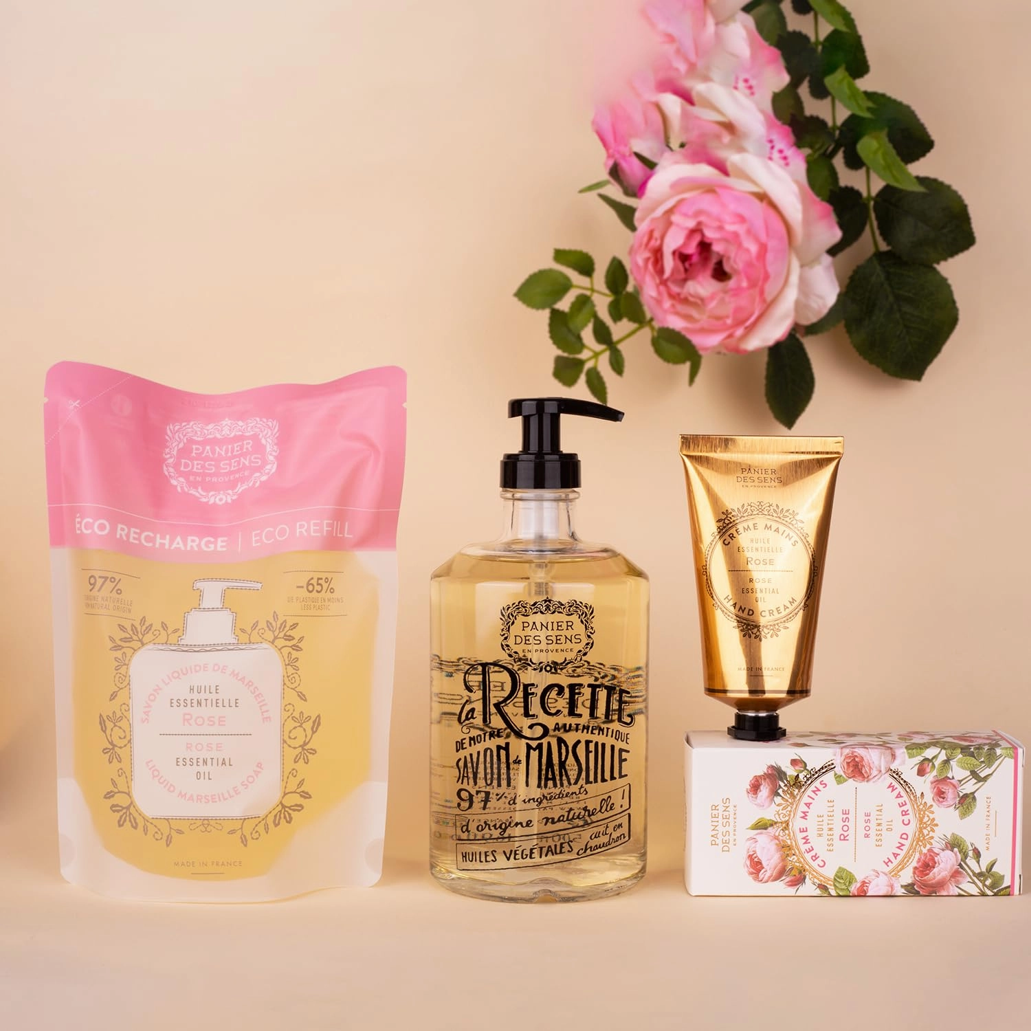 Panier des Sens Liquid Hand Soap Refills - Rose Floral Fragrance - Foaming Moisturizing Hand Soap - French Traditional Savon de Marseille for Kitchen & Bathroom - 34.4 Fl.oz Hand Wash 97% Natural