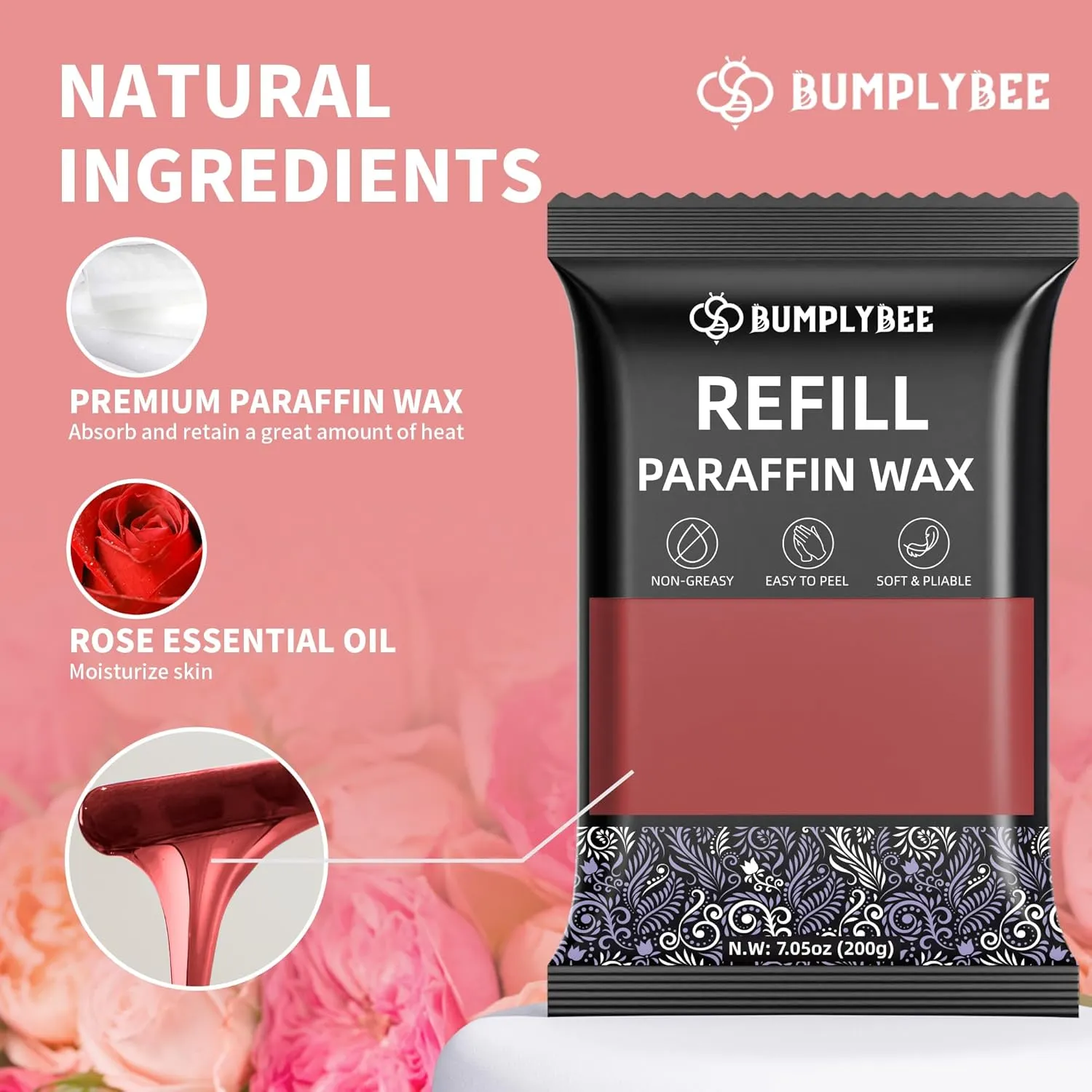 Paraffin Wax Kit - 10 Packs Rose Scent Refills with Silicone Brush - Non-Greasy, Easy-Peeling Wax for Hands & Feet, Skin Moisturizing