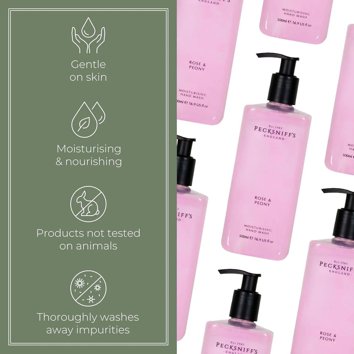 Pecksniff's Moisturizing Hand Wash - Vitamin B Enriched, Natural & Gentle Cleanser, Luxurious Hand Wash 500ml/16.9 fl oz (Rose & Peony)
