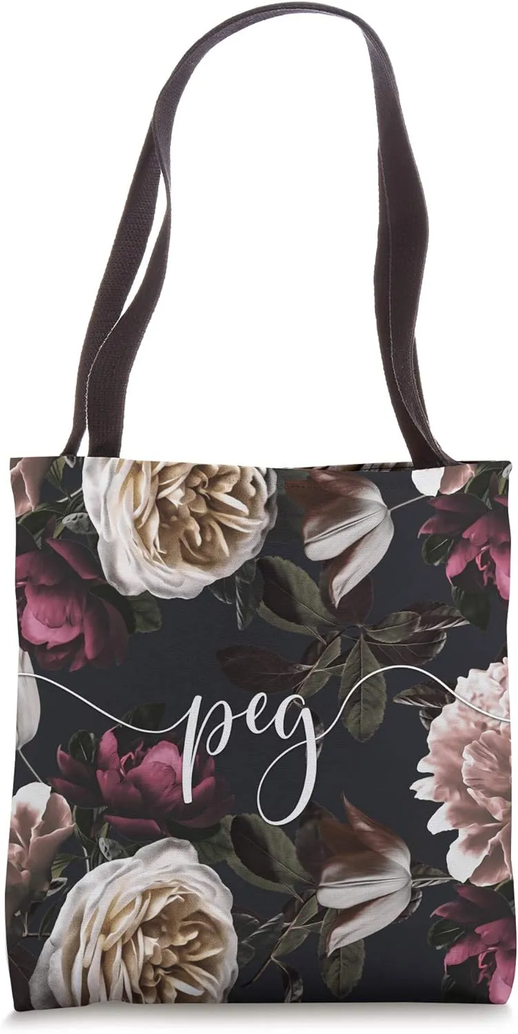 Peg - Elegant Floral Rose & Peony Personalized Name Tote Bag