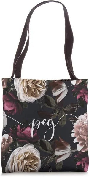 Peg - Elegant Floral Rose & Peony Personalized Name Tote Bag