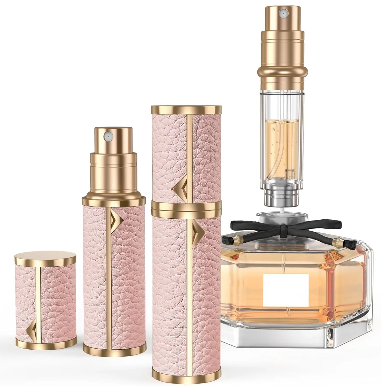 Perfume Travel Refillable Bottle,Genuine Leather Bottom-Filling Fragrances Perfume Atomizer,Mini Cologne Dispenser,Portable Sprayer Pocket Size for Cruise Car Trip Purse Gift 5ml (Pink)