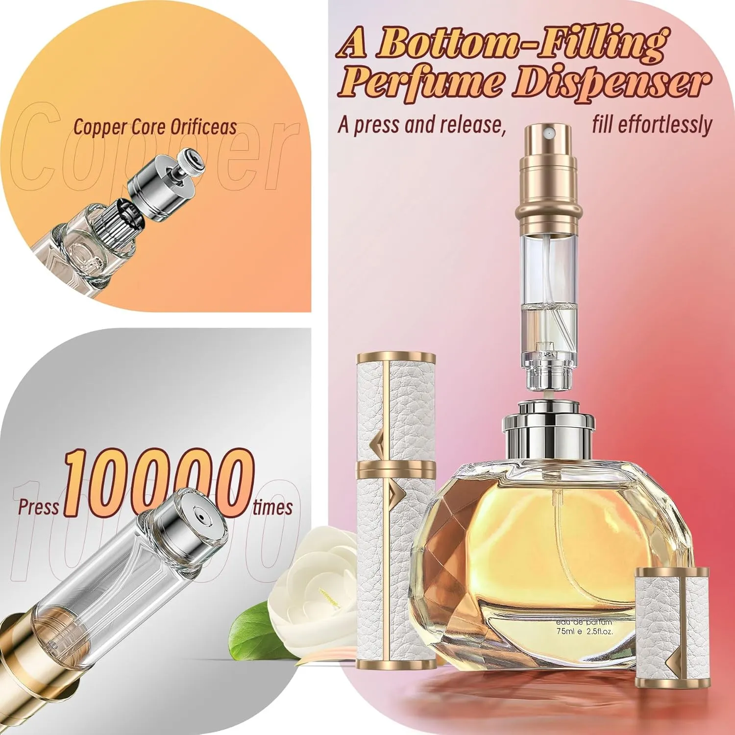 Perfume Travel Refillable Bottle,Genuine Leather Bottom-Filling Fragrances Perfume Atomizer,Mini Cologne Dispenser,Portable Sprayer Pocket Size for Cruise Car Trip Purse Gift 5ml (White)
