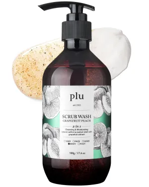 PLU Scrub Body Wash Grapefruit Peach – Korean Exfoliating Body Cleanser - Hydrating, Nourishing, Radiant Glow Skin - Sweet and Tangy Grapefruit Peach Scent - Hypoallergenic, 16.9 fl.oz.