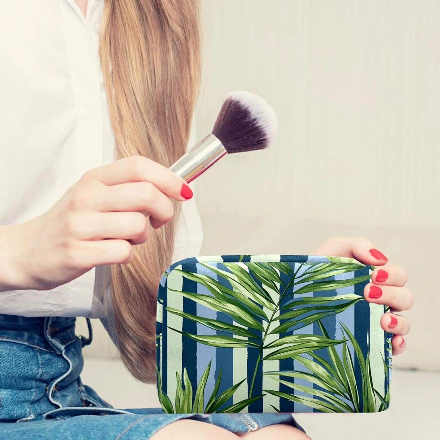Portable Cosmetic Bag Green Leaf Stripes Travel Makeup Case Organizer For Women Girls Toiletry Bag 7.3x3x5.1in