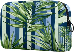 Portable Cosmetic Bag Green Leaf Stripes Travel Makeup Case Organizer For Women Girls Toiletry Bag 7.3x3x5.1in