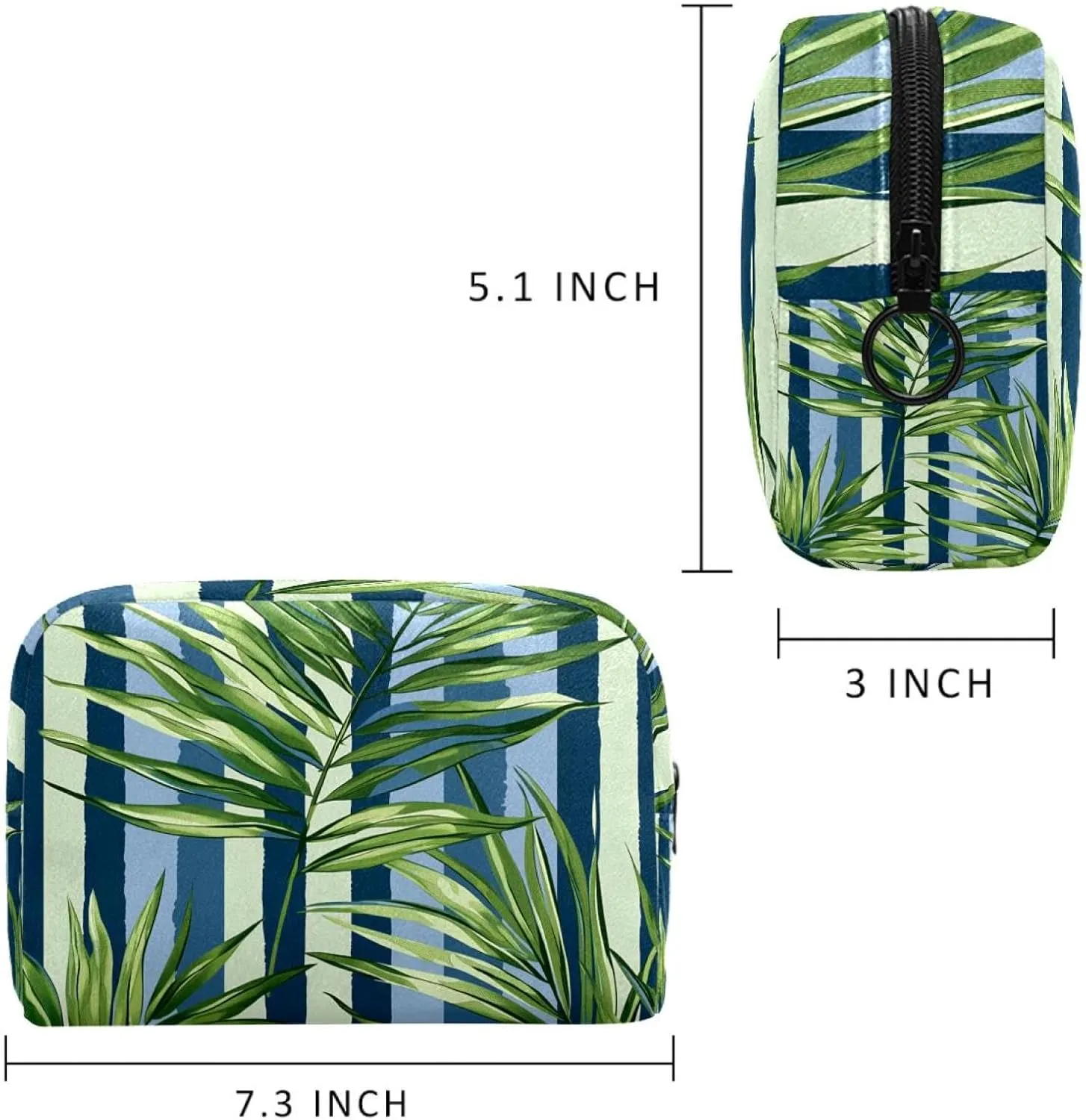 Portable Cosmetic Bag Green Leaf Stripes Travel Makeup Case Organizer For Women Girls Toiletry Bag 7.3x3x5.1in