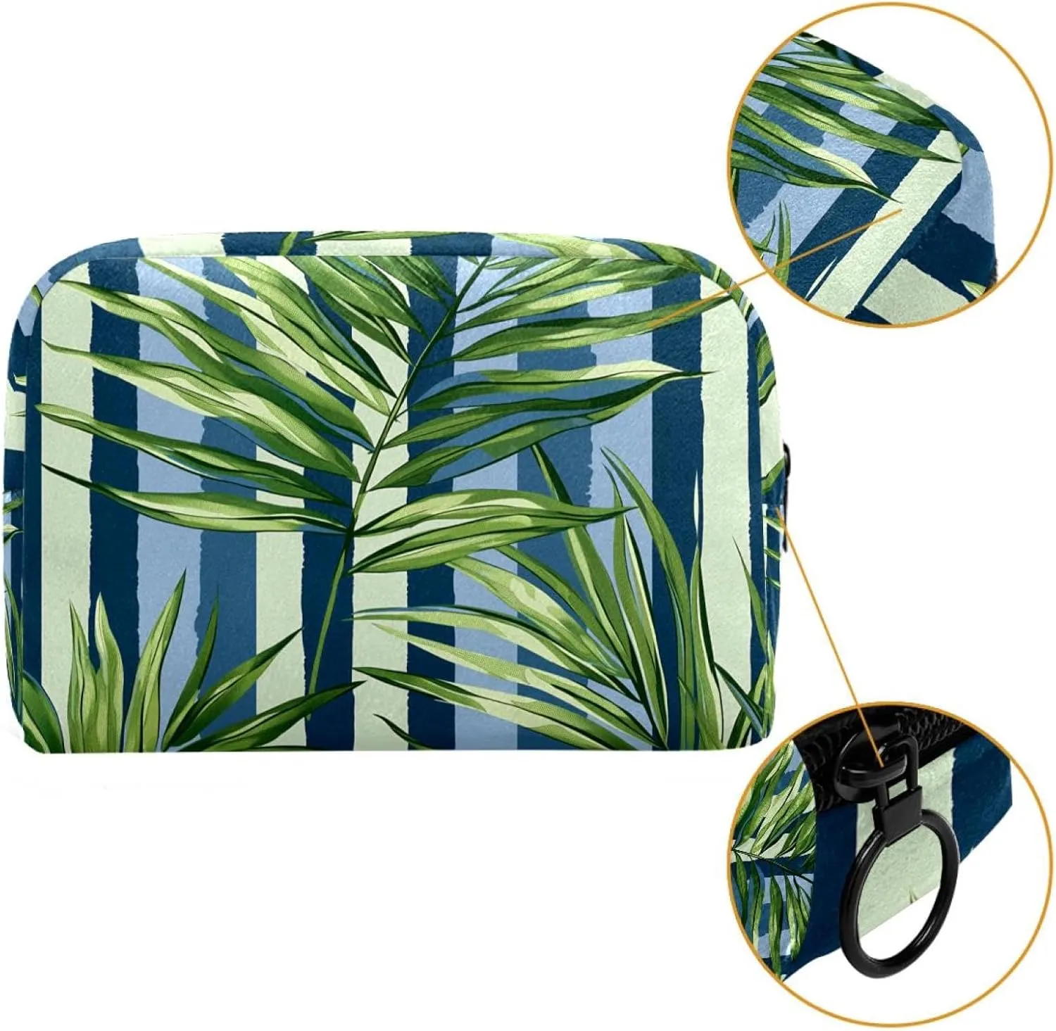Portable Cosmetic Bag Green Leaf Stripes Travel Makeup Case Organizer For Women Girls Toiletry Bag 7.3x3x5.1in