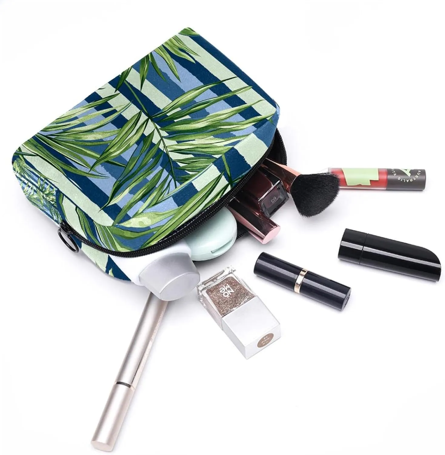 Portable Cosmetic Bag Green Leaf Stripes Travel Makeup Case Organizer For Women Girls Toiletry Bag 7.3x3x5.1in