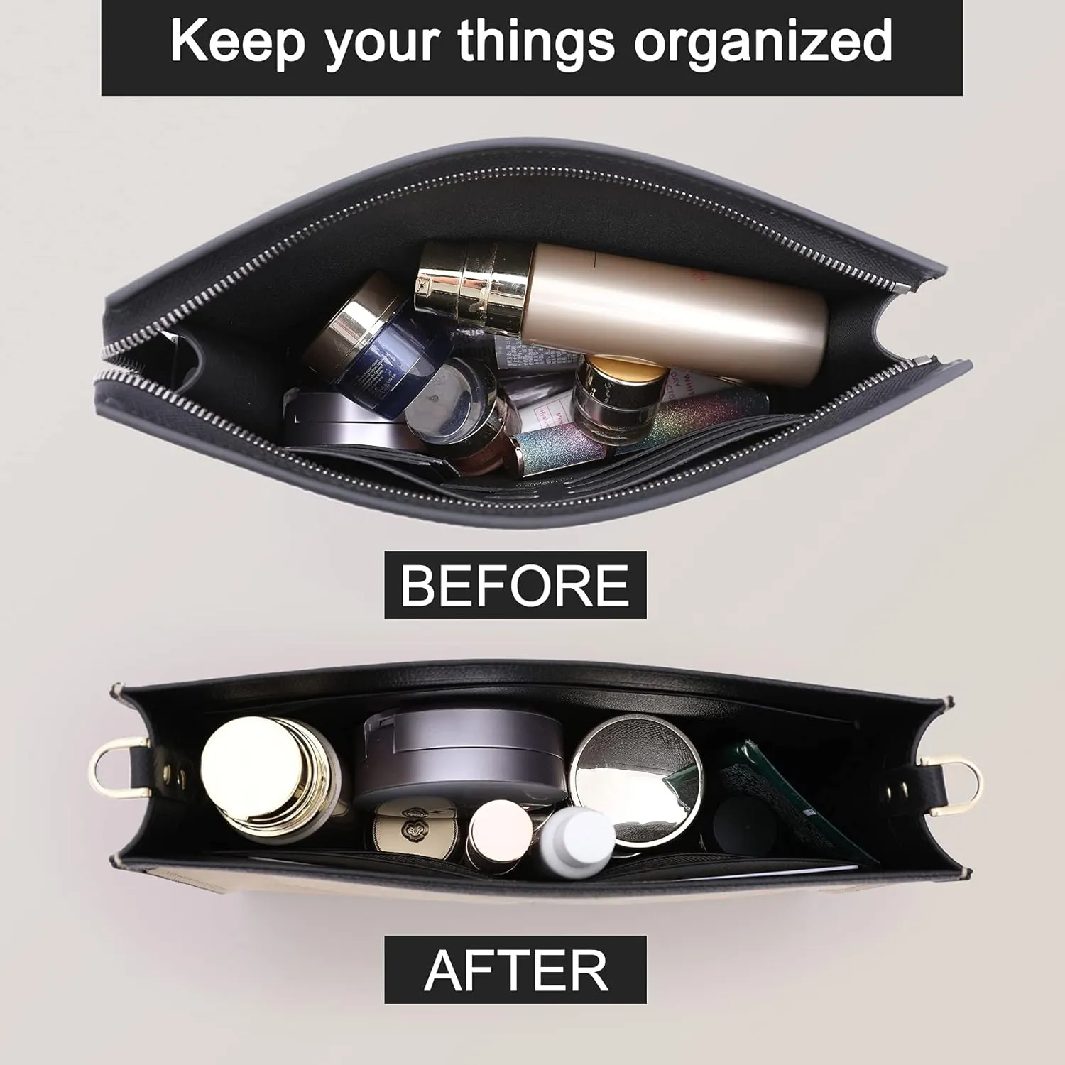 Premium Leather Purse Insert Organizer Compatible with LV Toiletry Pouch 19/26 with Gold Buckles